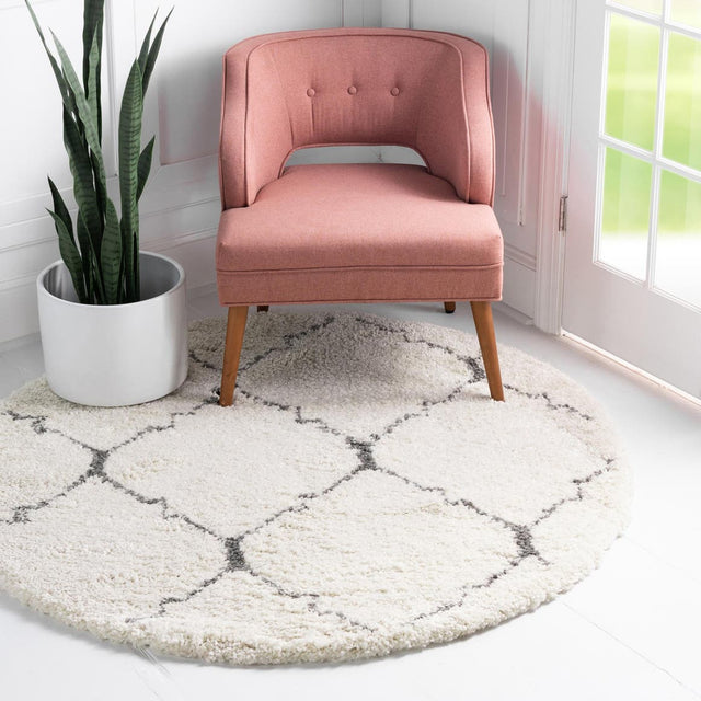Ivory 8' x 8' Rabat Shag Round Area Rug Thick Soft Touch Fluffy & Plush Shaggy Pile Durable Geometric Carpet for Luxury Interior Design for Sale at Rug Engine