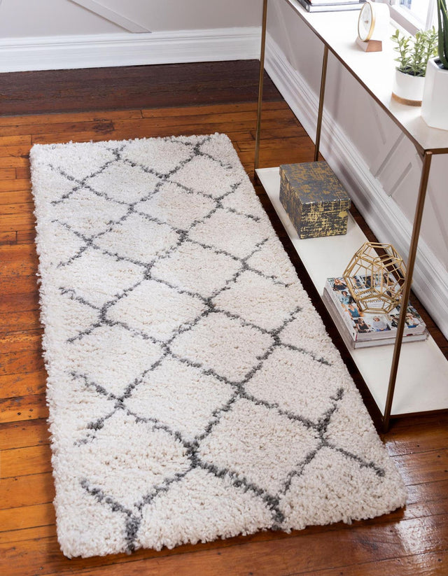 Ivory 2' x 8' Rabat Shag Runner Area Rug Thick Soft Touch Fluffy & Plush Shaggy Pile Durable Geometric Carpet for Luxury Interior Design for Sale at Rug Engine