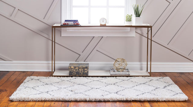 Ivory 2' x 8' Rabat Shag Runner Area Rug Thick Soft Touch Fluffy & Plush Shaggy Pile Durable Geometric Carpet for Luxury Interior Design for Sale at Rug Engine