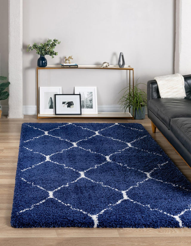 Navy Blue 4' 1 x 6' 1 Rabat Shag Rectangle Area Rug Thick Soft Touch Fluffy & Plush Shaggy Pile Durable Geometric Carpet for Luxury Interior Design for Sale at Rug Engine