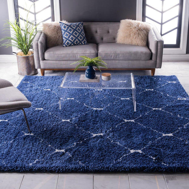 Navy Blue 7' 10 x 7' 10 Rabat Shag Square Area Rug Thick Soft Touch Fluffy & Plush Shaggy Pile Durable Geometric Carpet for Luxury Interior Design for Sale at Rug Engine