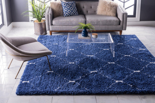Navy Blue 7' 10 x 7' 10 Rabat Shag Square Area Rug Thick Soft Touch Fluffy & Plush Shaggy Pile Durable Geometric Carpet for Luxury Interior Design for Sale at Rug Engine