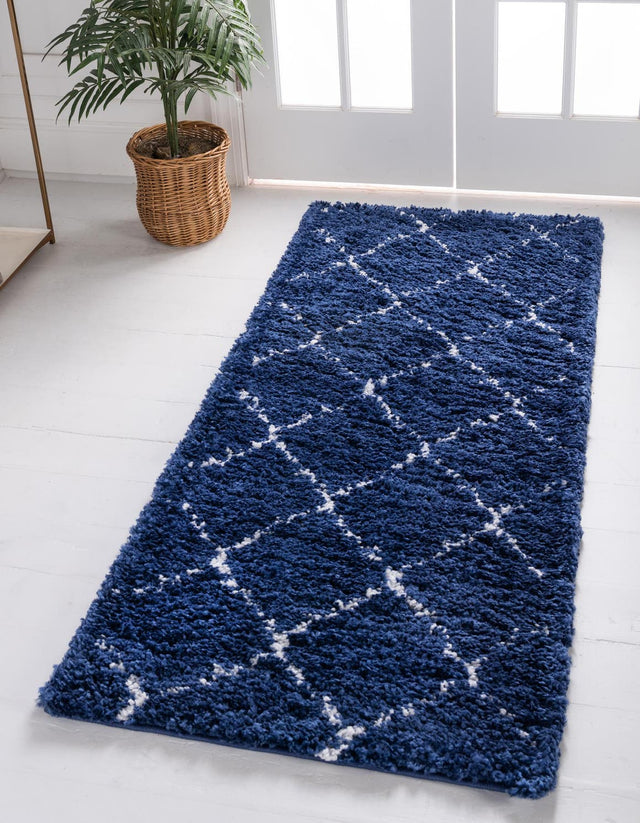 Navy Blue 2' 7 x 10' Rabat Shag Runner Area Rug Thick Soft Touch Fluffy & Plush Shaggy Pile Durable Geometric Carpet for Luxury Interior Design for Sale at Rug Engine