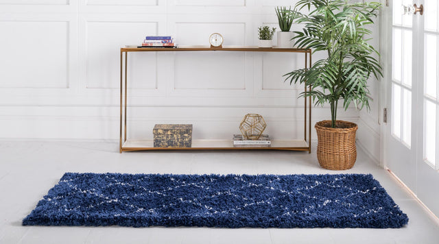 Navy Blue 2' 7 x 10' Rabat Shag Runner Area Rug Thick Soft Touch Fluffy & Plush Shaggy Pile Durable Geometric Carpet for Luxury Interior Design for Sale at Rug Engine