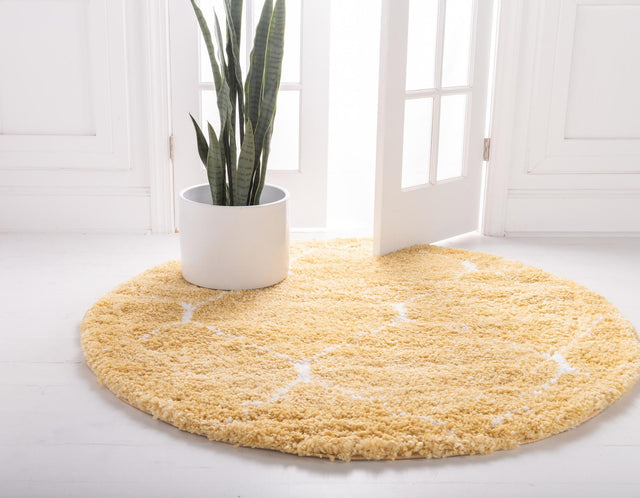 Yellow 8' x 8' Rabat Shag Round Area Rug Thick Soft Touch Fluffy & Plush Shaggy Pile Durable Geometric Carpet for Luxury Interior Design for Sale at Rug Engine