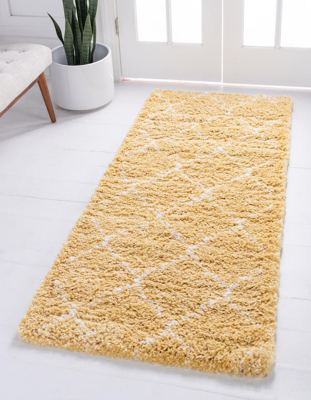 Yellow 2' 7 x 10' Rabat Shag Runner Area Rug Thick Soft Touch Fluffy & Plush Shaggy Pile Durable Geometric Carpet for Luxury Interior Design for Sale at Rug Engine
