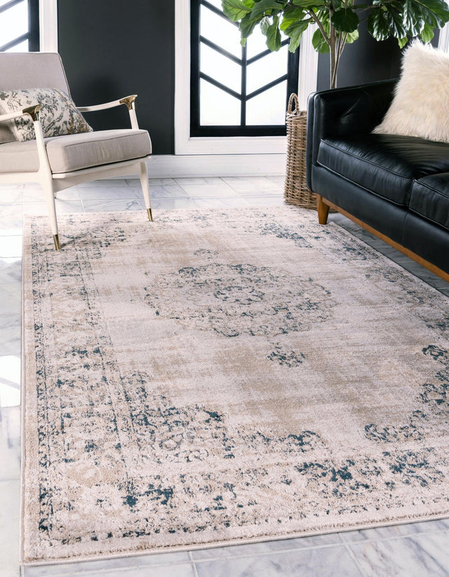 Beige and Blue 3' 3 x 5' 3 Leila Rectangle Area Rug 85% Polypropylene & 15% Polyester Durable Traditional Carpet for Kitchens, Bedrooms, Living Rooms, Office for Sale at Rug Engine