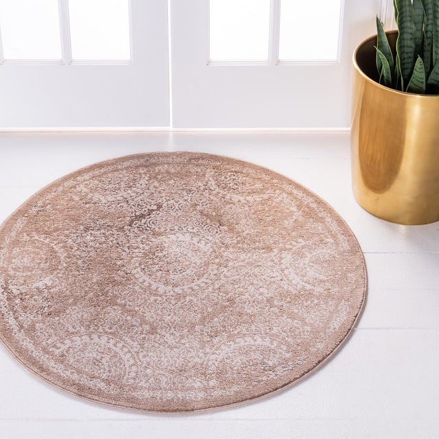 Beige 6' x 6' Leila Round Area Rug 85% Polypropylene & 15% Polyester Durable Traditional Carpet for Kitchens, Bedrooms, Living Rooms, Office for Sale at Rug Engine