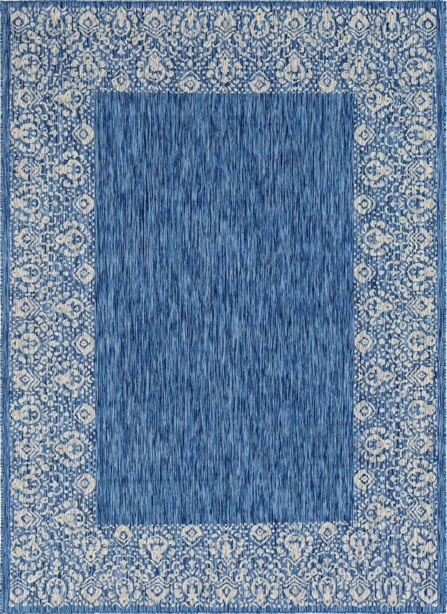 Blue 7' 10 x 11' Outdoor Border Rectangle Area Rug Weather Resistant for Patio, Deck, Terrace, Balcony, Porch 100% Polypropylene Classic Bordered Carpet for Sale at Rug Engine