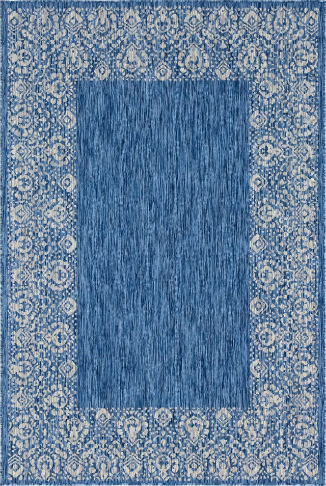 Blue 6' 1 x 9' Outdoor Border Rectangle Area Rug Weather Resistant for Patio, Deck, Terrace, Balcony, Porch 100% Polypropylene Classic Bordered Carpet for Sale at Rug Engine