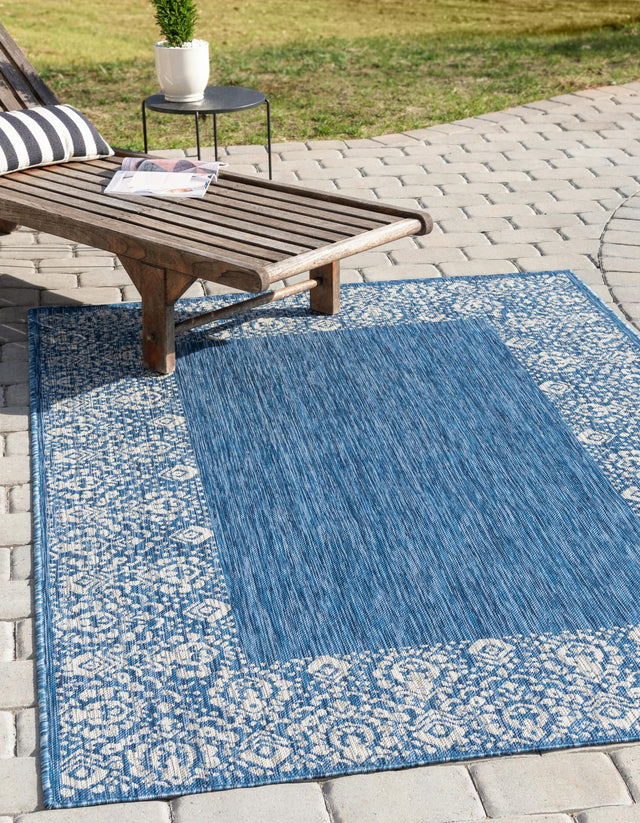 Blue 6' 1 x 9' Outdoor Border Rectangle Area Rug Weather Resistant for Patio, Deck, Terrace, Balcony, Porch 100% Polypropylene Classic Bordered Carpet for Sale at Rug Engine