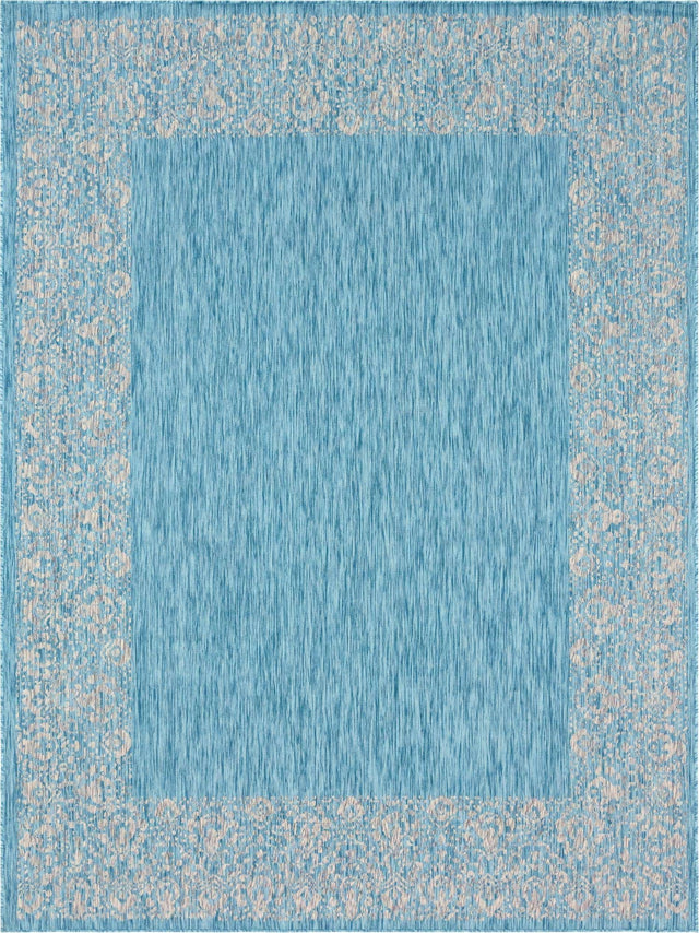 Aqua 9' x 12' Outdoor Border Rectangle Area Rug Weather Resistant for Patio, Deck, Terrace, Balcony, Porch 100% Polypropylene Classic Bordered Carpet for Sale at Rug Engine