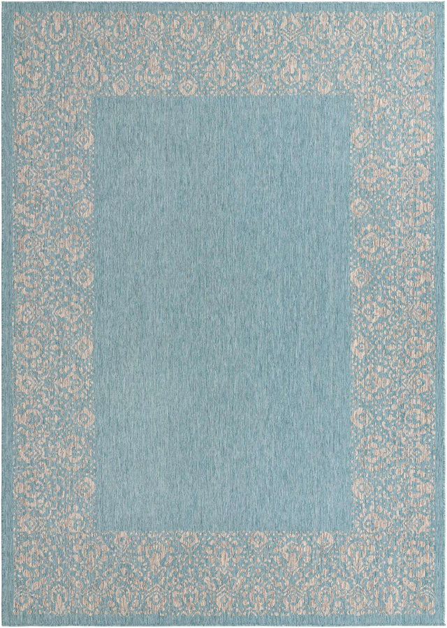 Aqua 7' 10 x 11' Outdoor Border Rectangle Area Rug Weather Resistant for Patio, Deck, Terrace, Balcony, Porch 100% Polypropylene Classic Bordered Carpet for Sale at Rug Engine