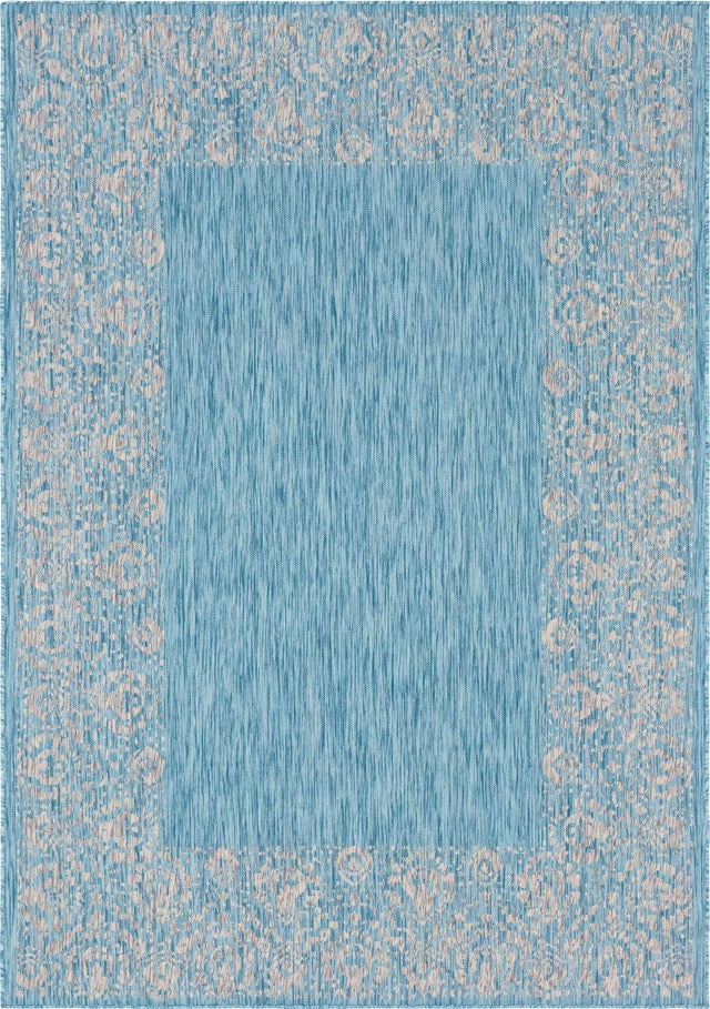 Aqua 7' 1 x 10' Outdoor Border Rectangle Area Rug Weather Resistant for Patio, Deck, Terrace, Balcony, Porch 100% Polypropylene Classic Bordered Carpet for Sale at Rug Engine