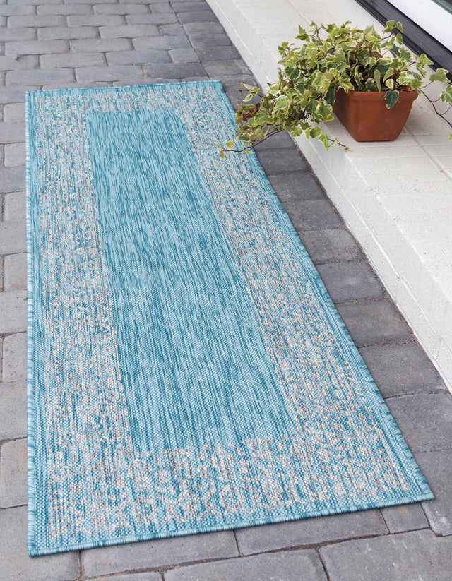 Aqua 2' x 6' 1 Outdoor Border Runner Area Rug Weather Resistant for Patio, Deck, Terrace, Balcony, Porch 100% Polypropylene Classic Bordered Carpet for Sale at Rug Engine