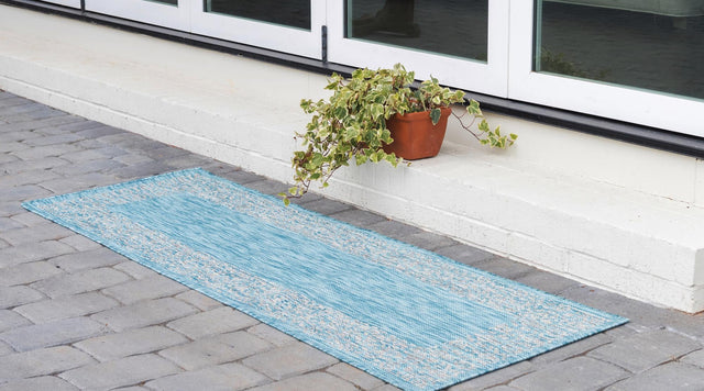 Aqua 2' x 6' 1 Outdoor Border Runner Area Rug Weather Resistant for Patio, Deck, Terrace, Balcony, Porch 100% Polypropylene Classic Bordered Carpet for Sale at Rug Engine