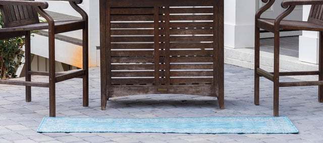Aqua 2' x 6' 1 Outdoor Border Runner Area Rug Weather Resistant for Patio, Deck, Terrace, Balcony, Porch 100% Polypropylene Classic Bordered Carpet for Sale at Rug Engine