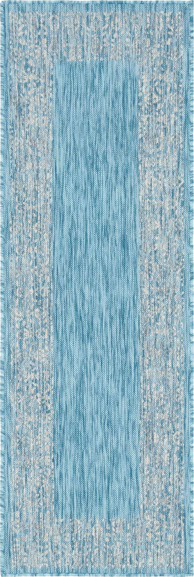 Aqua 2' x 6' 1 Outdoor Border Runner Area Rug Weather Resistant for Patio, Deck, Terrace, Balcony, Porch 100% Polypropylene Classic Bordered Carpet for Sale at Rug Engine