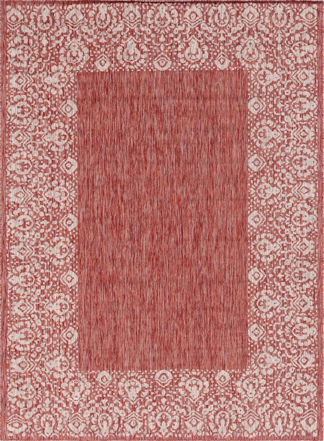 Rust Red 7' 1 x 10' Outdoor Border Rectangle Area Rug Weather Resistant for Patio, Deck, Terrace, Balcony, Porch 100% Polypropylene Classic Bordered Carpet for Sale at Rug Engine