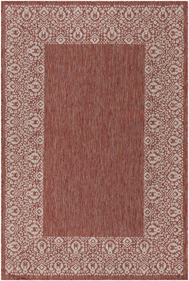 Rust Red 6' 1 x 9' Outdoor Border Rectangle Area Rug Weather Resistant for Patio, Deck, Terrace, Balcony, Porch 100% Polypropylene Classic Bordered Carpet for Sale at Rug Engine