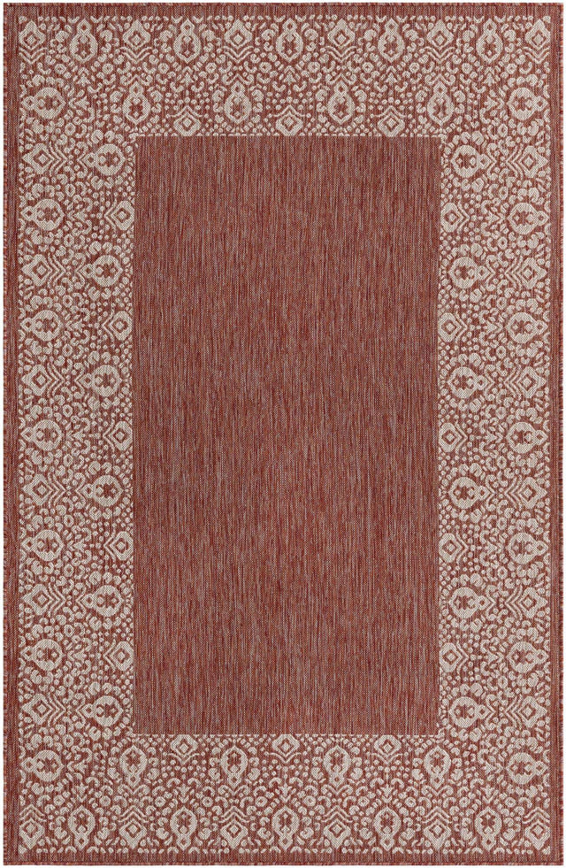 Rust Red 5' 3 x 8' Outdoor Border Rectangle Area Rug Weather Resistant for Patio, Deck, Terrace, Balcony, Porch 100% Polypropylene Classic Bordered Carpet for Sale at Rug Engine