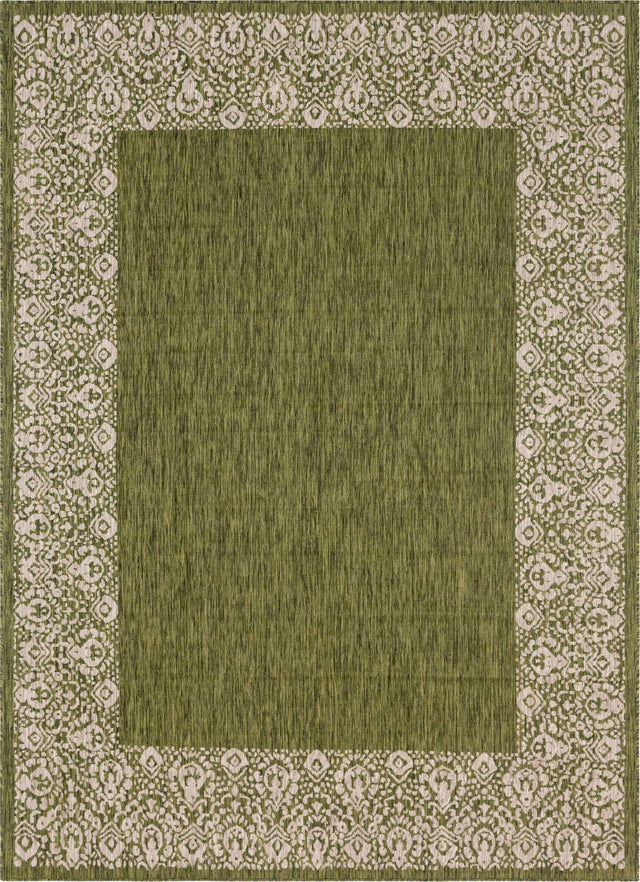 Green 7' 10 x 11' Outdoor Border Rectangle Area Rug Weather Resistant for Patio, Deck, Terrace, Balcony, Porch 100% Polypropylene Classic Bordered Carpet for Sale at Rug Engine