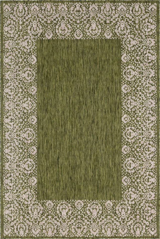 Green 6' 1 x 9' Outdoor Border Rectangle Area Rug Weather Resistant for Patio, Deck, Terrace, Balcony, Porch 100% Polypropylene Classic Bordered Carpet for Sale at Rug Engine