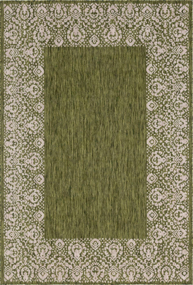 Green 4' 1 x 6' 1 Outdoor Border Rectangle Area Rug Weather Resistant for Patio, Deck, Terrace, Balcony, Porch 100% Polypropylene Classic Bordered Carpet for Sale at Rug Engine