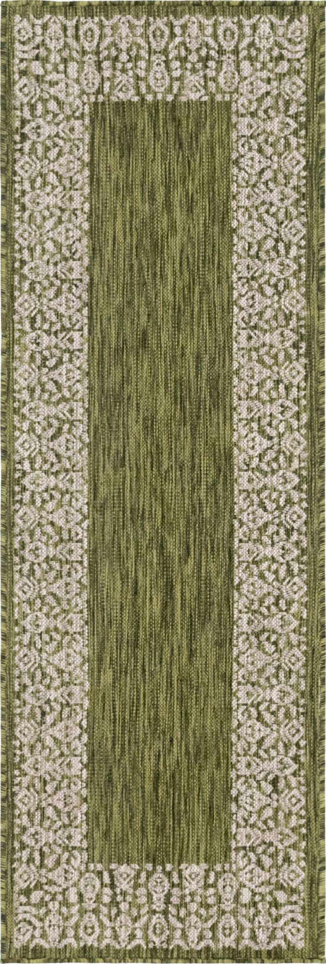 Green 2' x 6' 1 Outdoor Border Runner Area Rug Weather Resistant for Patio, Deck, Terrace, Balcony, Porch 100% Polypropylene Classic Bordered Carpet for Sale at Rug Engine