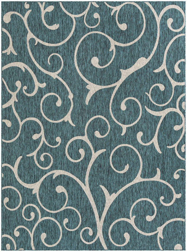 Teal 9' x 12' Outdoor Botanical Rectangle Area Rug Weather Resistant for Patio, Deck, Terrace, Balcony, Porch Polypropylene Garden Floral Tropical Carpet for Sale at Rug Engine