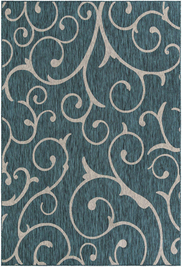 Teal 7' 10 x 11' Outdoor Botanical Rectangle Area Rug Weather Resistant for Patio, Deck, Terrace, Balcony, Porch Polypropylene Garden Floral Tropical Carpet for Sale at Rug Engine