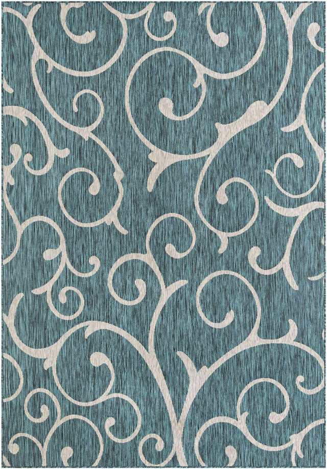 Teal 7' 1 x 10' Outdoor Botanical Rectangle Area Rug Weather Resistant for Patio, Deck, Terrace, Balcony, Porch Polypropylene Garden Floral Tropical Carpet for Sale at Rug Engine