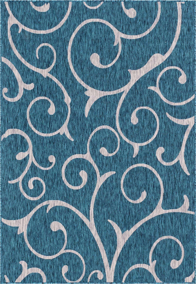 Teal 6' 1 x 9' Outdoor Botanical Rectangle Area Rug Weather Resistant for Patio, Deck, Terrace, Balcony, Porch Polypropylene Garden Floral Tropical Carpet for Sale at Rug Engine