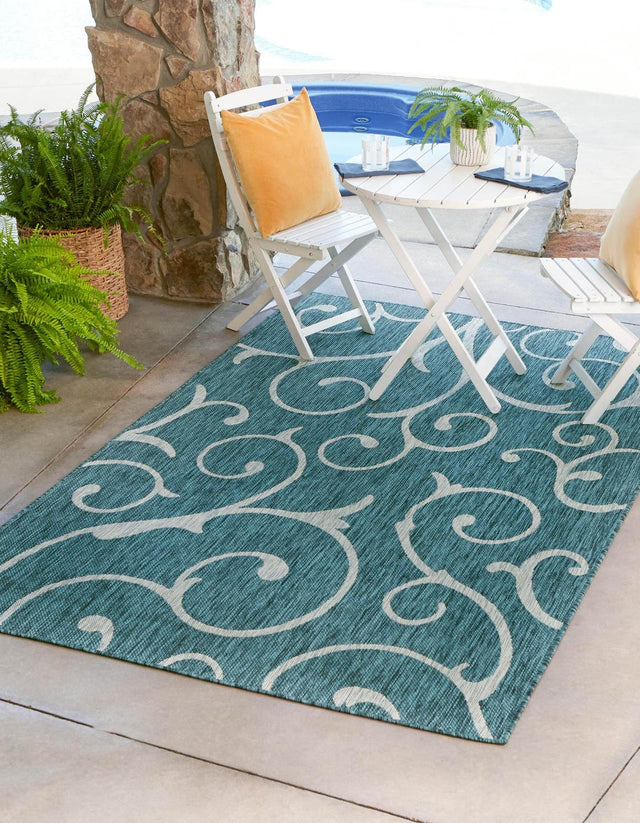 Teal 7' 10 x 11' Outdoor Botanical Rectangle Area Rug Weather Resistant for Patio, Deck, Terrace, Balcony, Porch Polypropylene Garden Floral Tropical Carpet for Sale at Rug Engine