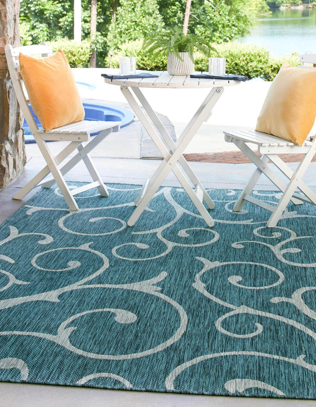 Teal 7' 10 x 11' Outdoor Botanical Rectangle Area Rug Weather Resistant for Patio, Deck, Terrace, Balcony, Porch Polypropylene Garden Floral Tropical Carpet for Sale at Rug Engine
