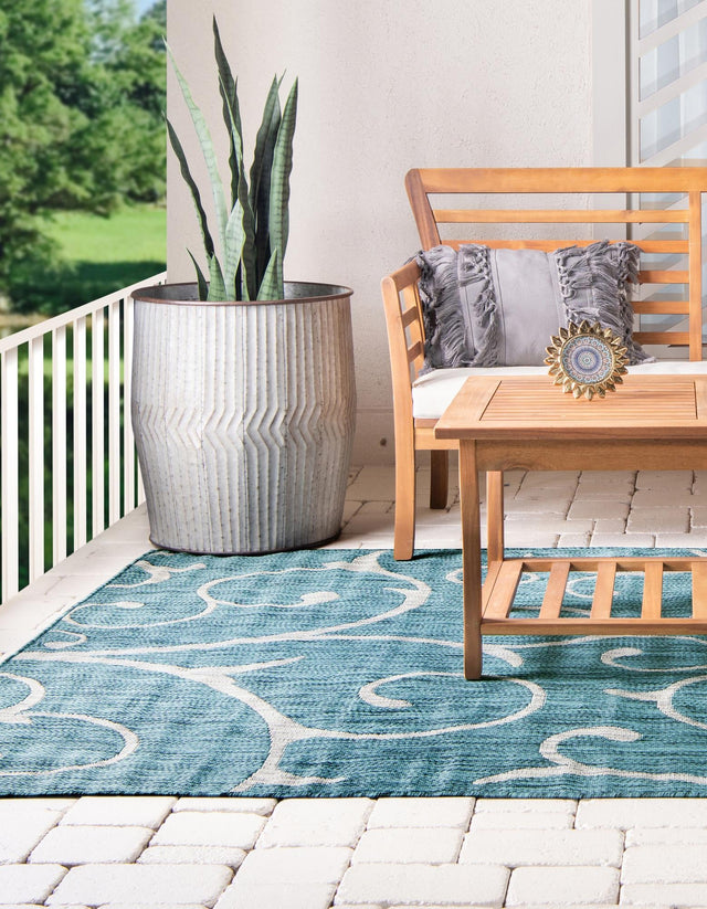 Teal 7' 10 x 11' Outdoor Botanical Rectangle Area Rug Weather Resistant for Patio, Deck, Terrace, Balcony, Porch Polypropylene Garden Floral Tropical Carpet for Sale at Rug Engine