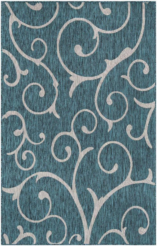 Teal 5' 3 x 8' Outdoor Botanical Rectangle Area Rug Weather Resistant for Patio, Deck, Terrace, Balcony, Porch Polypropylene Garden Floral Tropical Carpet for Sale at Rug Engine