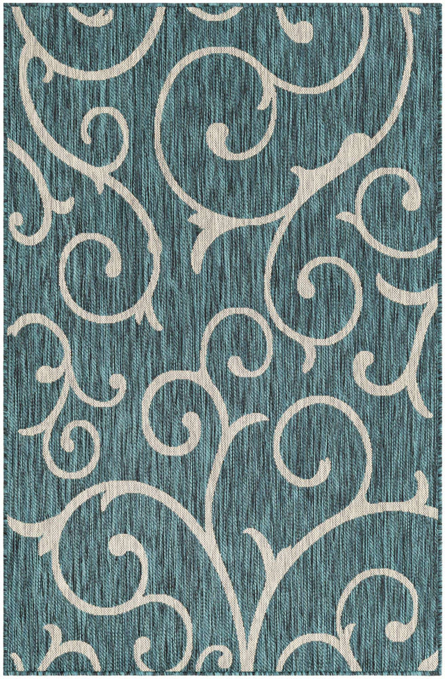 Teal 4' 1 x 6' 1 Outdoor Botanical Rectangle Area Rug Weather Resistant for Patio, Deck, Terrace, Balcony, Porch Polypropylene Garden Floral Tropical Carpet for Sale at Rug Engine