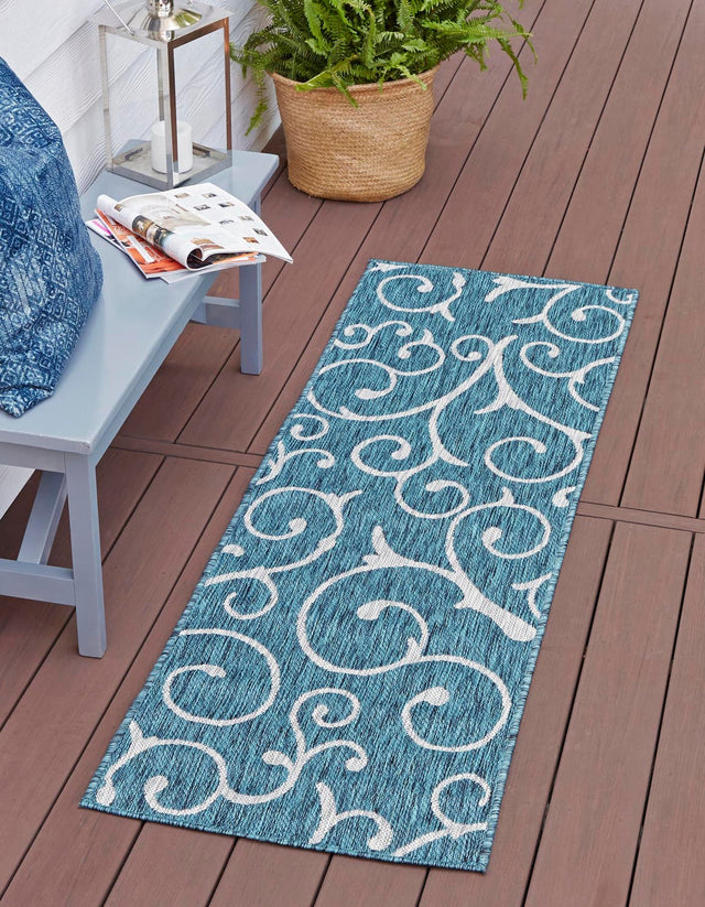 Teal 2' x 6' 1 Outdoor Botanical Runner Area Rug Weather Resistant for Patio, Deck, Terrace, Balcony, Porch Polypropylene Garden Floral Tropical Carpet for Sale at Rug Engine