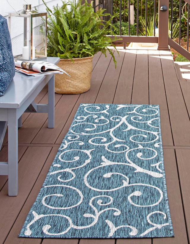 Teal 2' x 6' 1 Outdoor Botanical Runner Area Rug Weather Resistant for Patio, Deck, Terrace, Balcony, Porch Polypropylene Garden Floral Tropical Carpet for Sale at Rug Engine