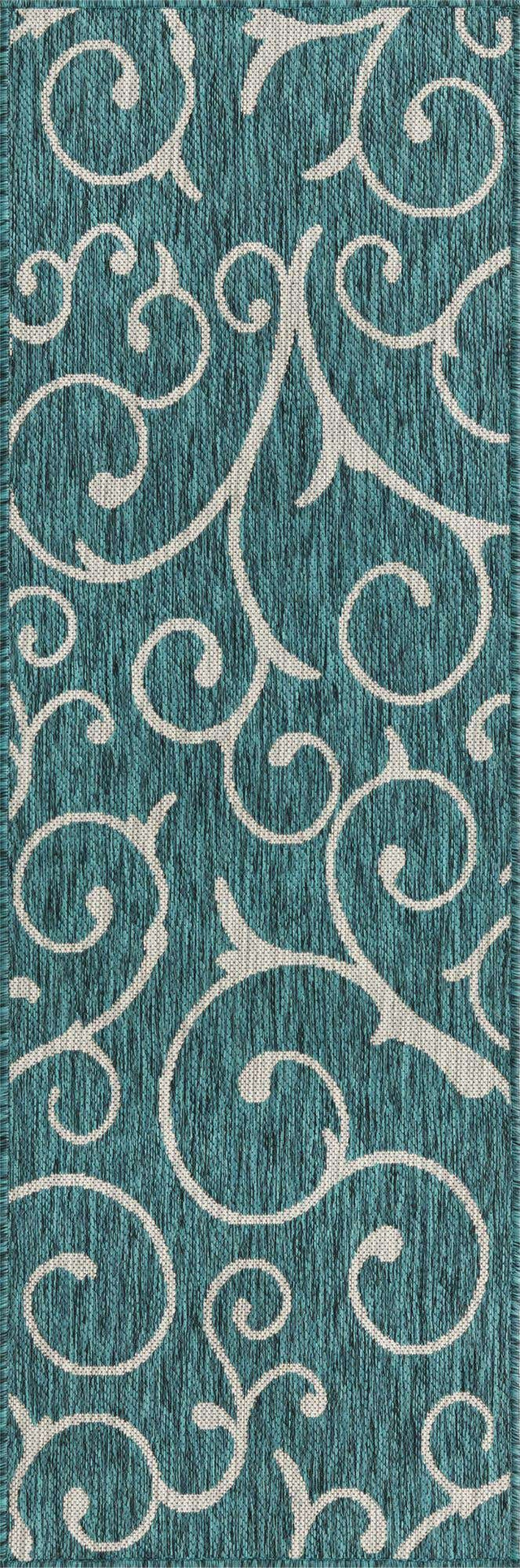 Teal 2' x 6' 1 Outdoor Botanical Runner Area Rug Weather Resistant for Patio, Deck, Terrace, Balcony, Porch Polypropylene Garden Floral Tropical Carpet for Sale at Rug Engine