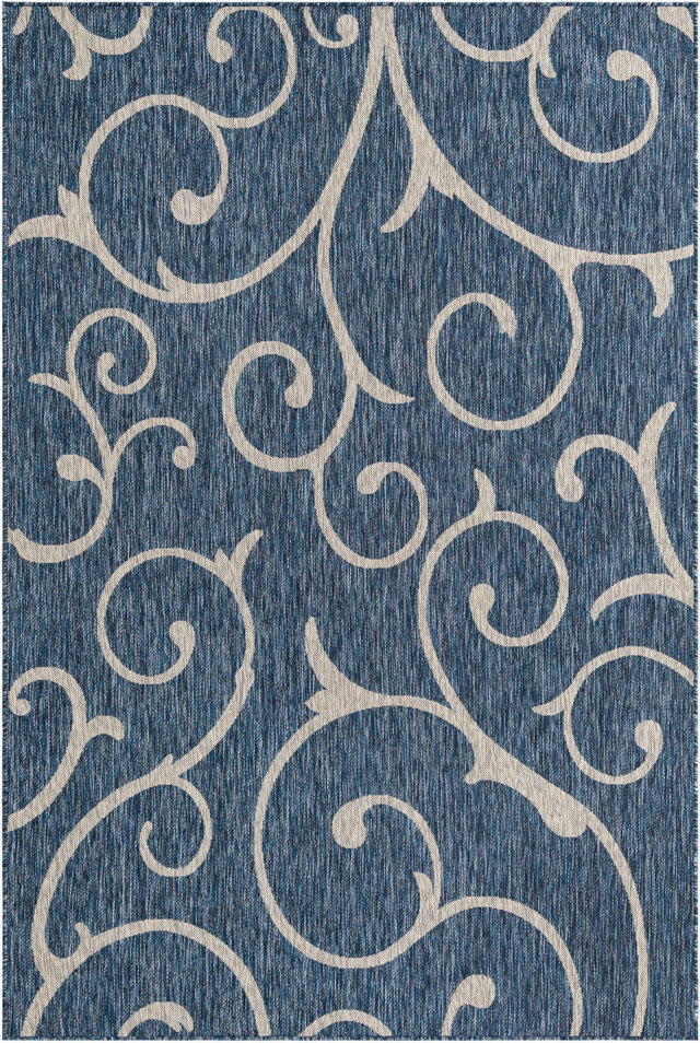 Blue 6' 1 x 9' Outdoor Botanical Rectangle Area Rug Weather Resistant for Patio, Deck, Terrace, Balcony, Porch Polypropylene Garden Floral Tropical Carpet for Sale at Rug Engine