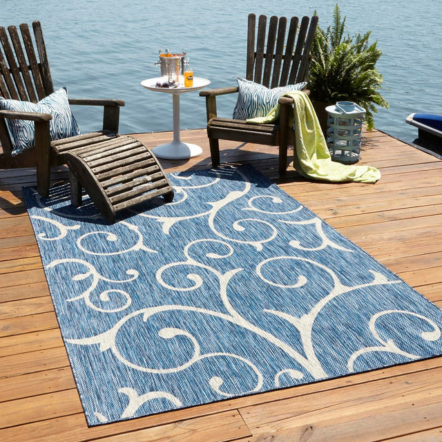 Blue 4' 1 x 6' 1 Outdoor Botanical Rectangle Area Rug Weather Resistant for Patio, Deck, Terrace, Balcony, Porch Polypropylene Garden Floral Tropical Carpet for Sale at Rug Engine