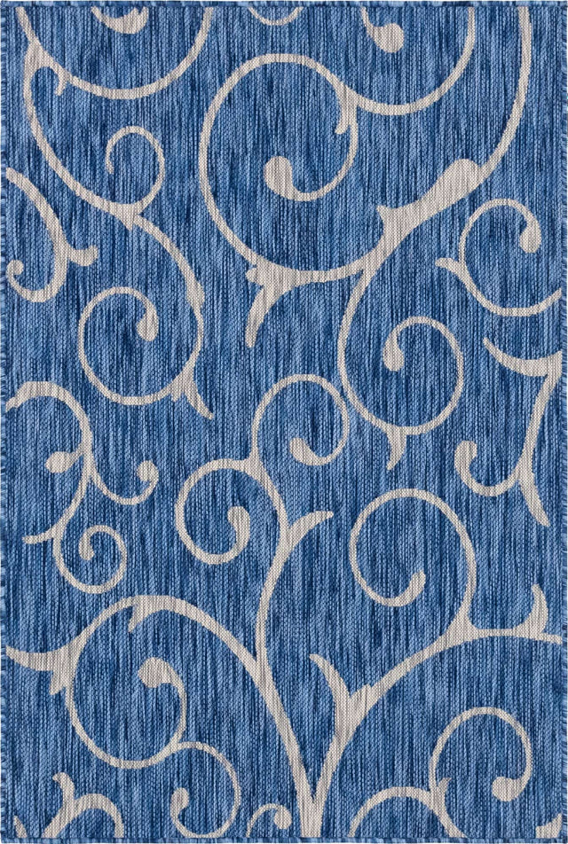 Blue 4' 1 x 6' 1 Outdoor Botanical Rectangle Area Rug Weather Resistant for Patio, Deck, Terrace, Balcony, Porch Polypropylene Garden Floral Tropical Carpet for Sale at Rug Engine