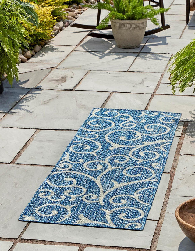 Blue 2' x 6' 1 Outdoor Botanical Runner Area Rug Weather Resistant for Patio, Deck, Terrace, Balcony, Porch Polypropylene Garden Floral Tropical Carpet for Sale at Rug Engine
