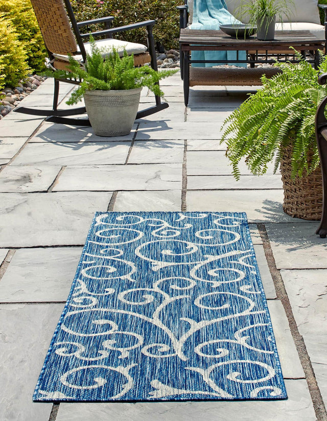 Blue 2' x 6' 1 Outdoor Botanical Runner Area Rug Weather Resistant for Patio, Deck, Terrace, Balcony, Porch Polypropylene Garden Floral Tropical Carpet for Sale at Rug Engine