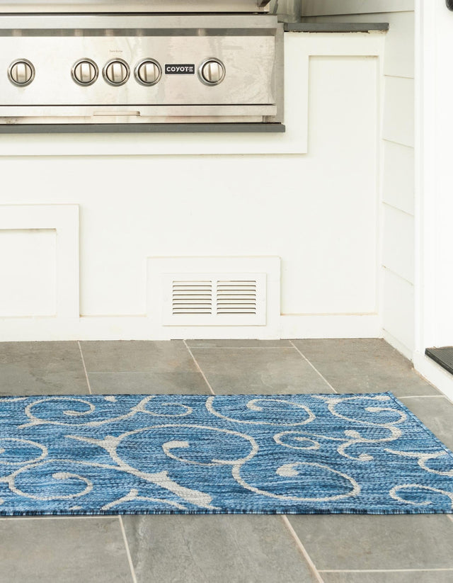 Blue 2' x 6' 1 Outdoor Botanical Runner Area Rug Weather Resistant for Patio, Deck, Terrace, Balcony, Porch Polypropylene Garden Floral Tropical Carpet for Sale at Rug Engine