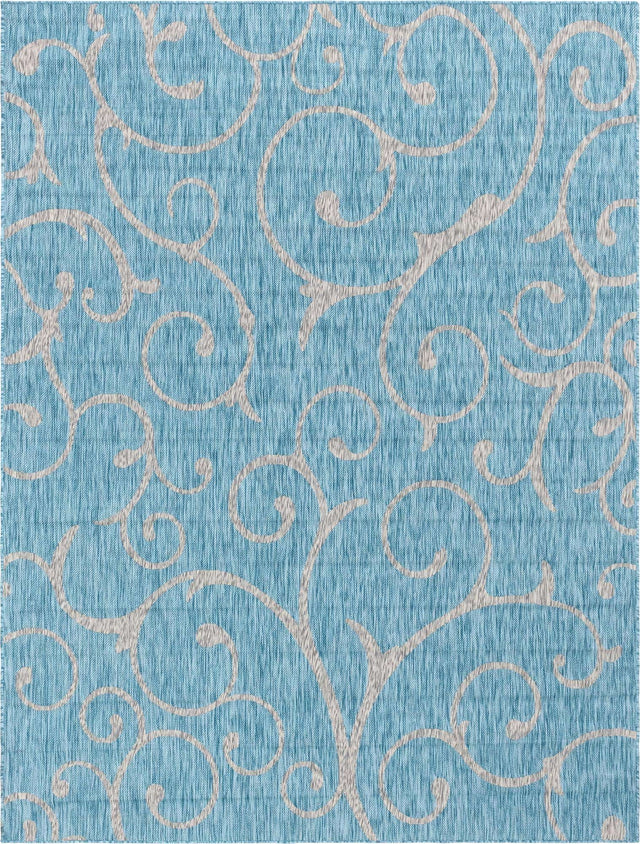 Light Aqua 9' x 12' Outdoor Botanical Rectangle Area Rug Weather Resistant for Patio, Deck, Terrace, Balcony, Porch Polypropylene Garden Floral Tropical Carpet for Sale at Rug Engine