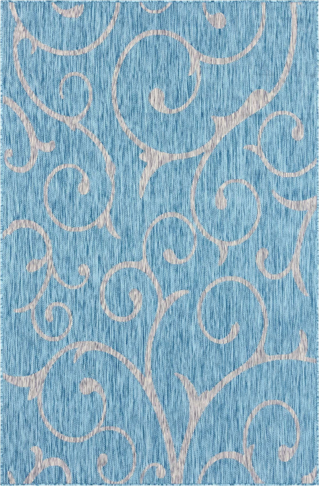 Light Aqua 6' 1 x 9' Outdoor Botanical Rectangle Area Rug Weather Resistant for Patio, Deck, Terrace, Balcony, Porch Polypropylene Garden Floral Tropical Carpet for Sale at Rug Engine