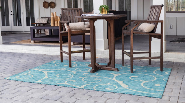 Light Aqua 7' 10 x 11' Outdoor Botanical Rectangle Area Rug Weather Resistant for Patio, Deck, Terrace, Balcony, Porch Polypropylene Garden Floral Tropical Carpet for Sale at Rug Engine
